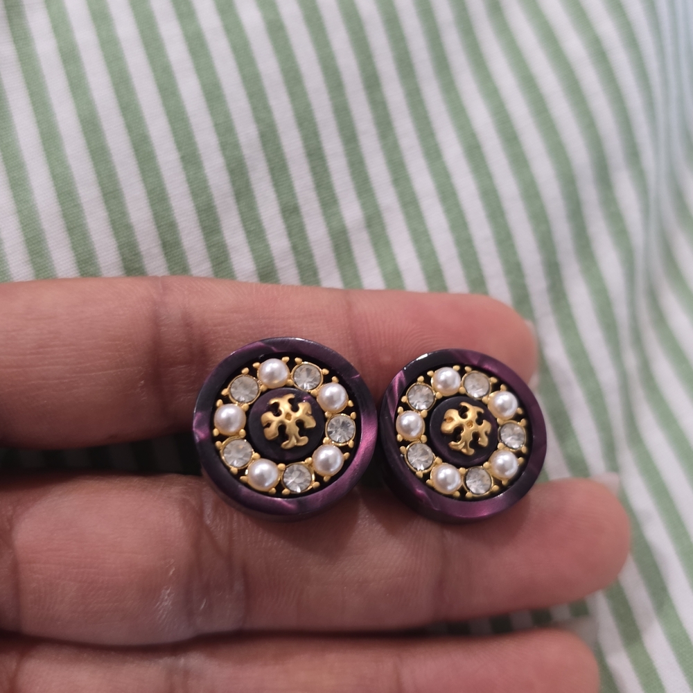 Tory Burch Purple, Pearl and Gold Stud Earrings